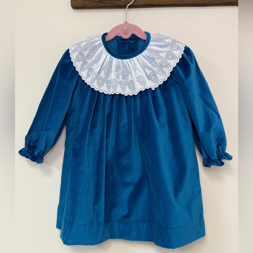 Girls Teal Velvet Dress with White Lace Collar